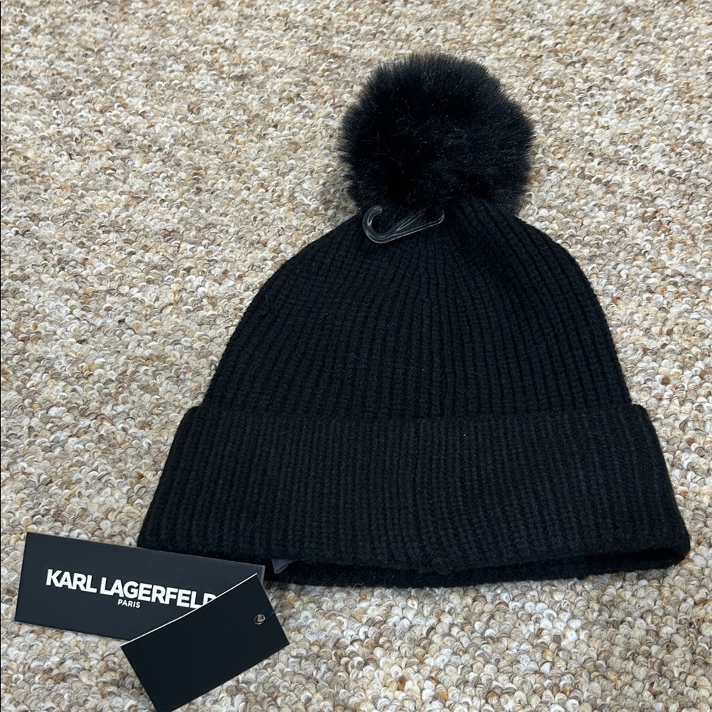 NWT Karl Lagerfeld Paris Black Beanie with Rinestones & Faux Fur Pom Pom - Picture 6 of 7
